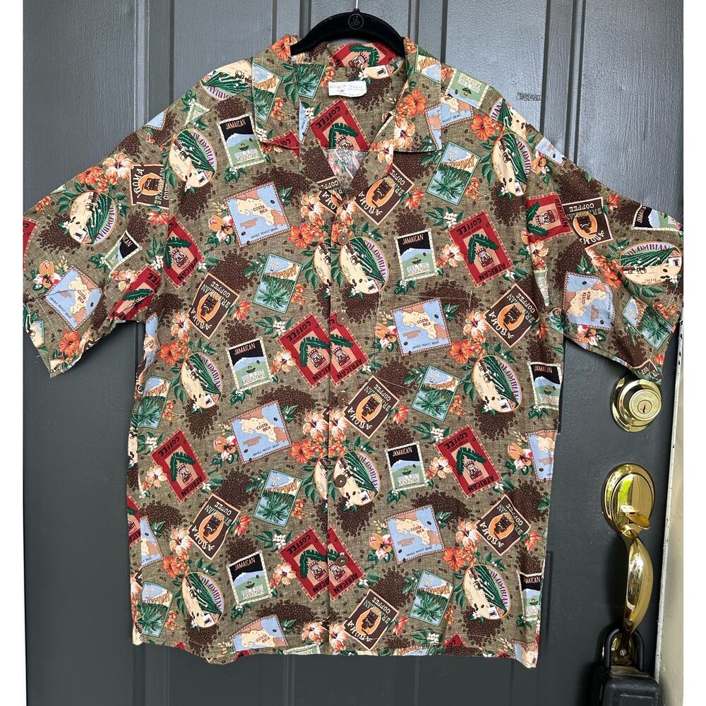 Mango Key Men’s Hawaiian Shirt Olive Green with Coffee Print Brown Size Medium